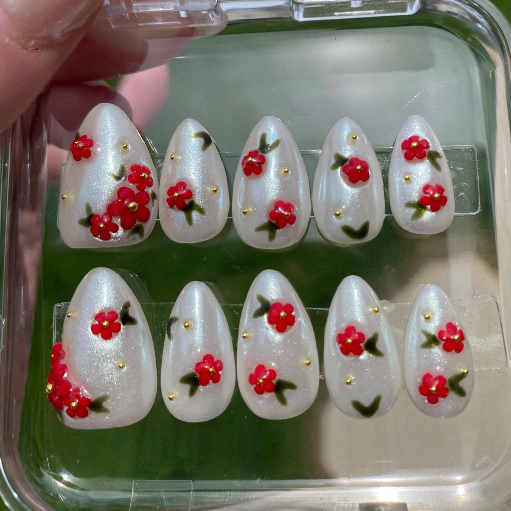 press on nails - red flower garden