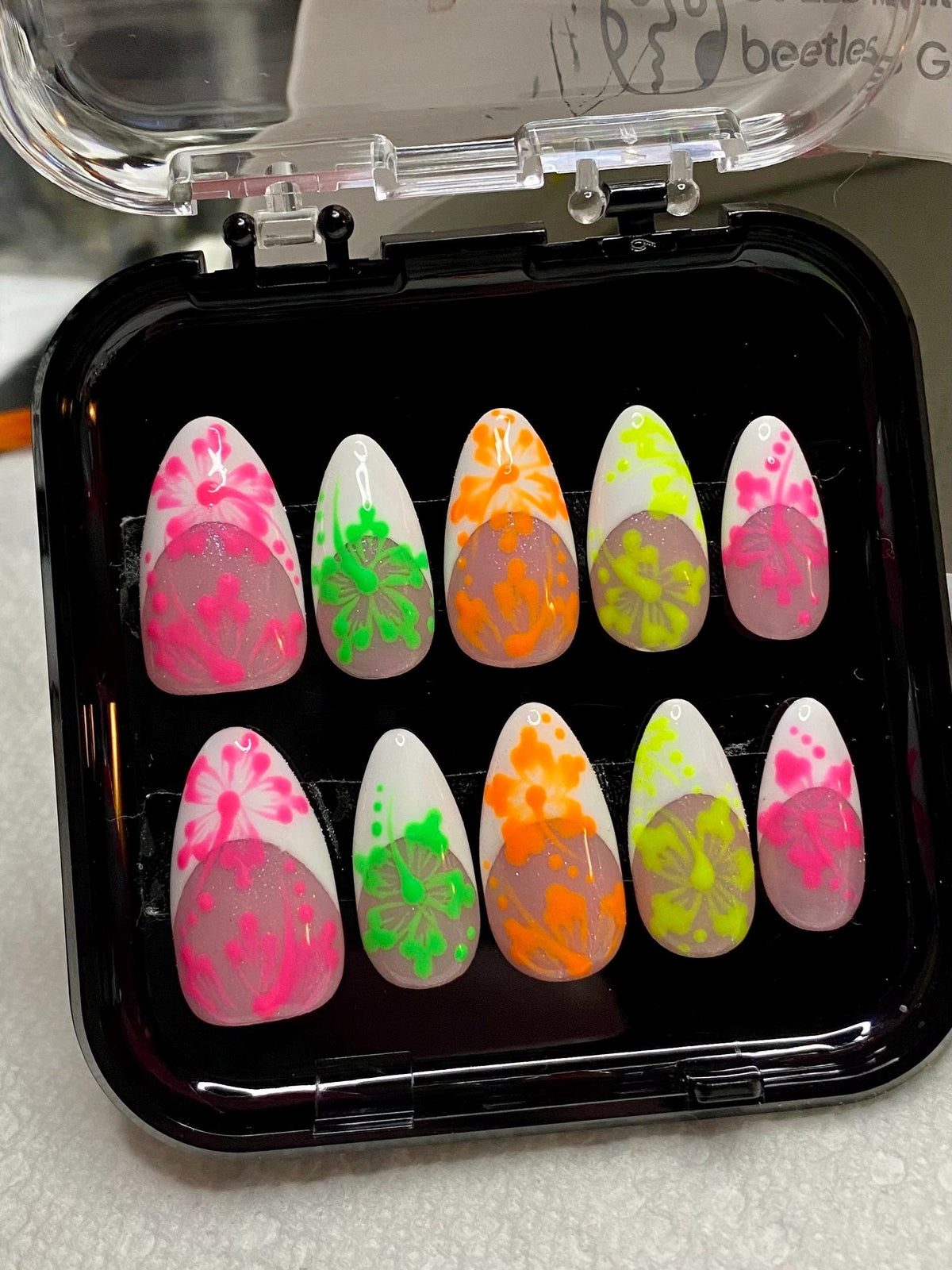 press on nails - neon hibiscus garden