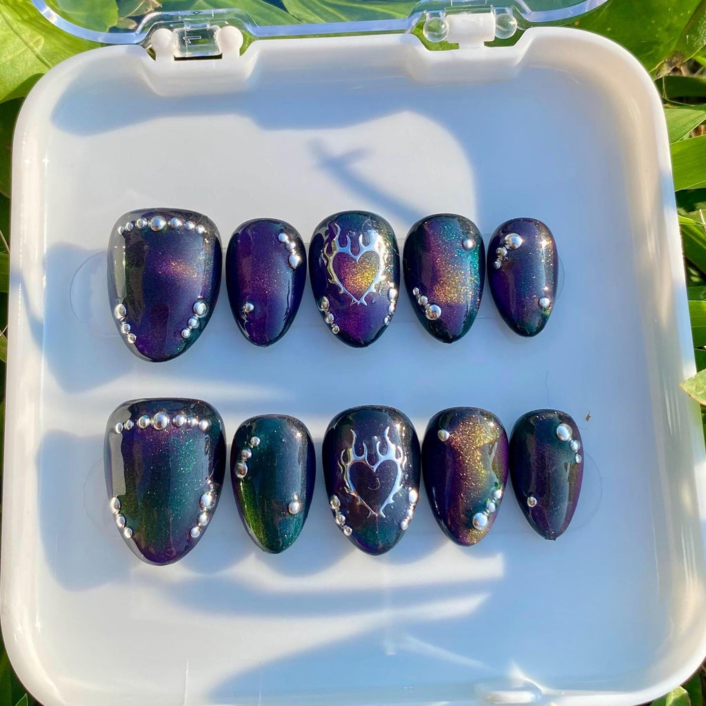 press on nails - purple & green cat eye