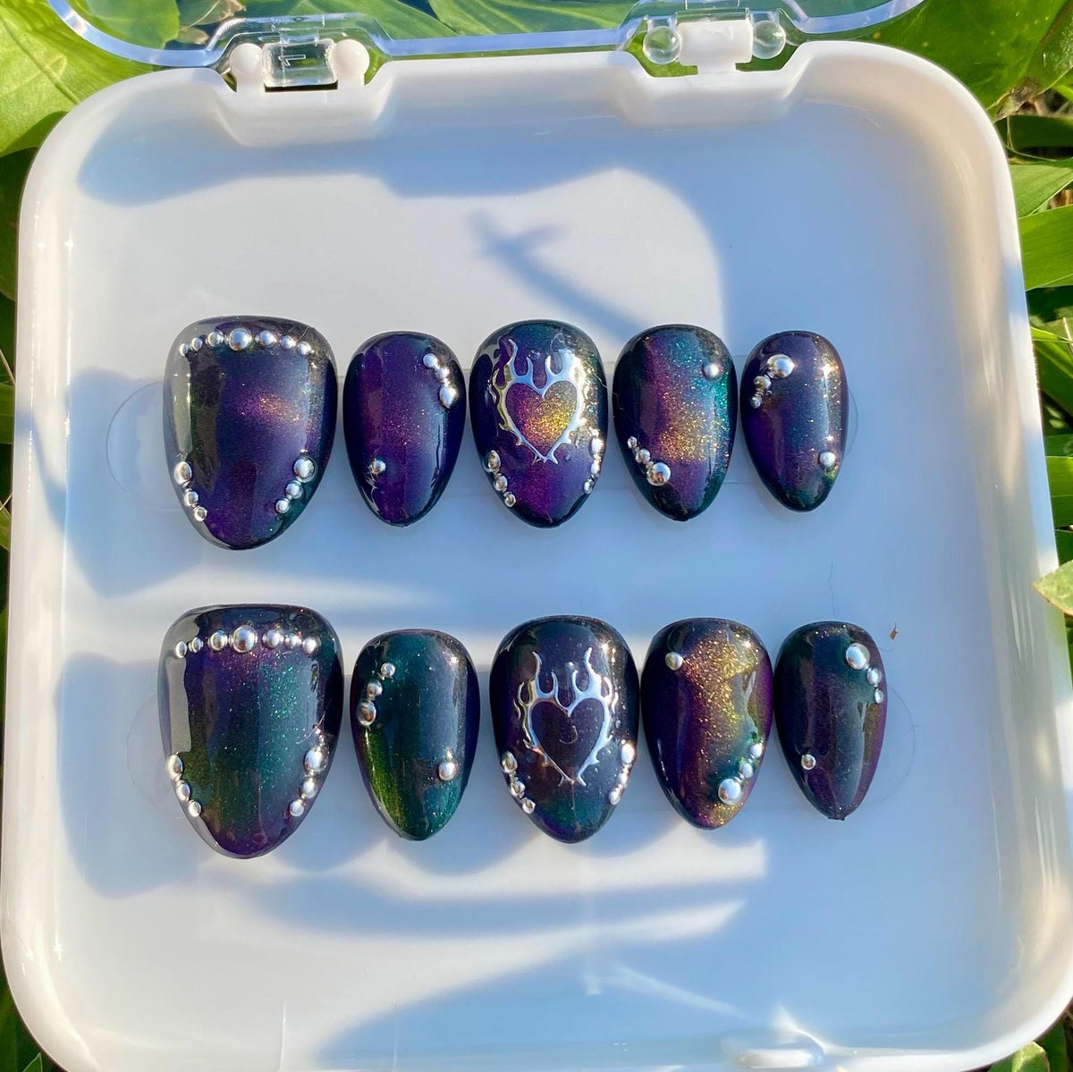 press on nails - purple & green cat eye