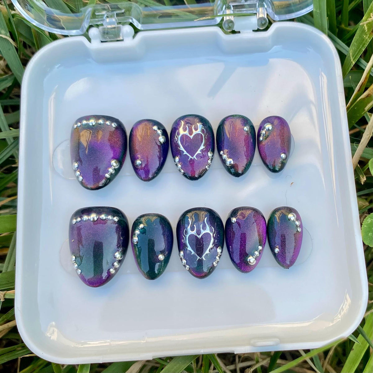 press on nails - purple & green cat eye