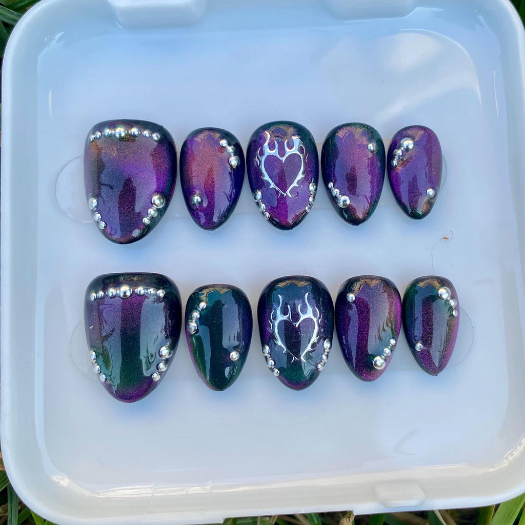 press on nails - purple & green cat eye