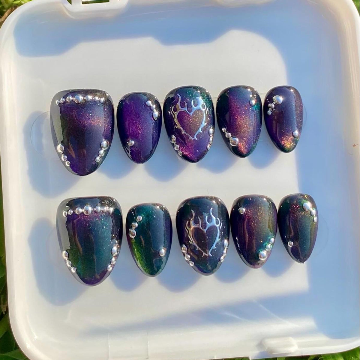 press on nails - purple & green cat eye